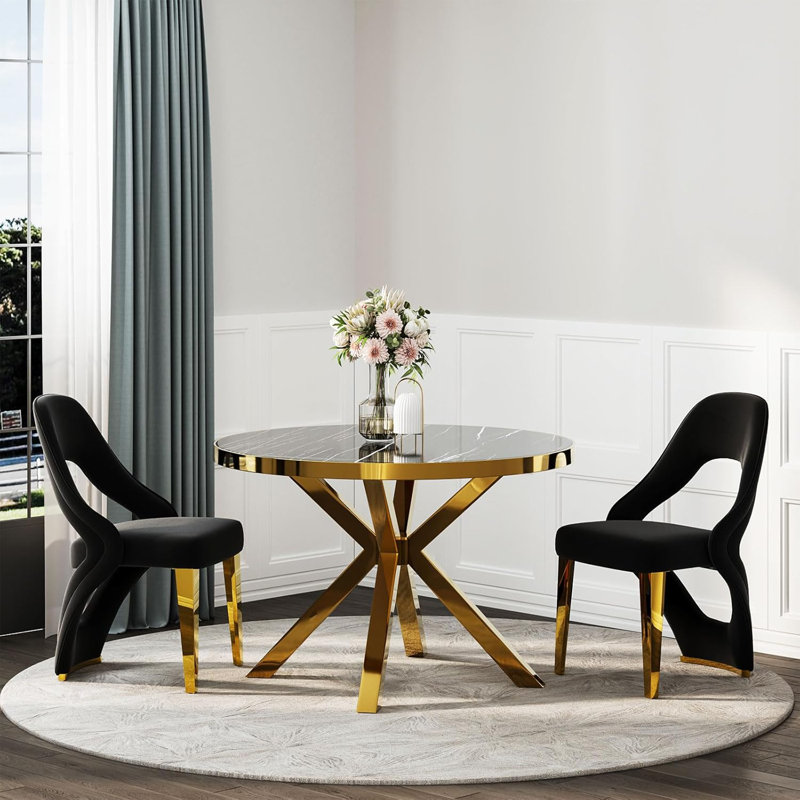 Ensemble de 2 chaises de salle à manger luxueuses en velours noir moderne avec pieds en acier inoxydable doré poli