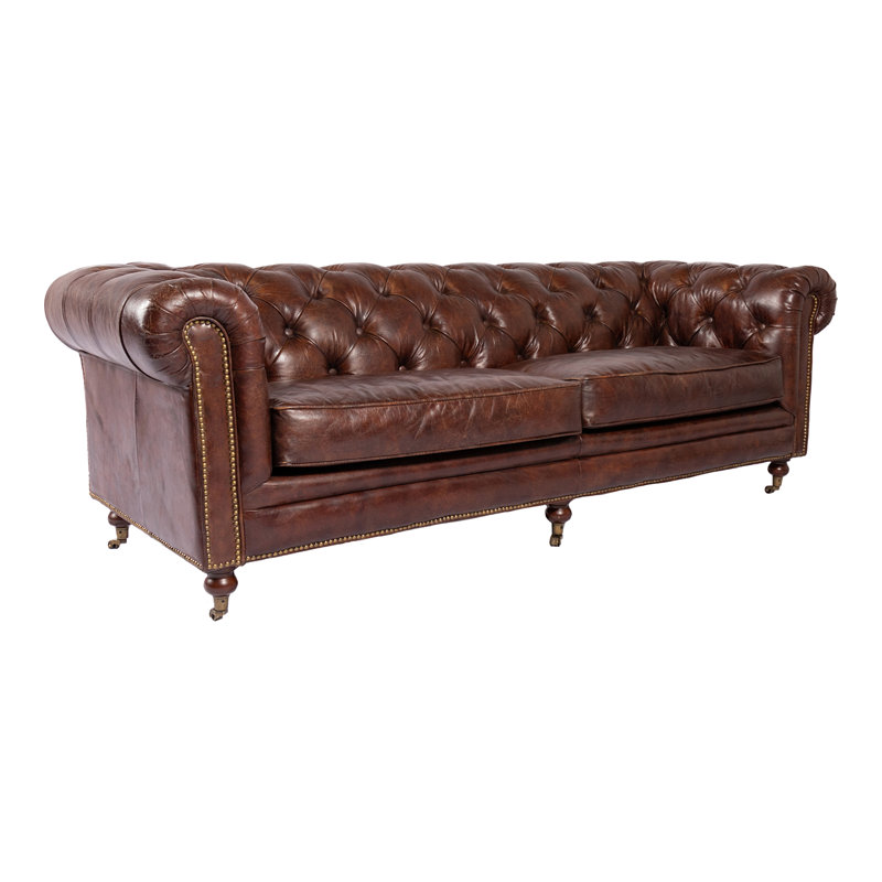 Sofa, Seats 3, Grazed Top Grain Leather, Brown, 87" W, Brown