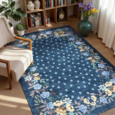Tapis floral, tapis à poils courts et antidérapant lavable pour le salon de la chambre à coucher
