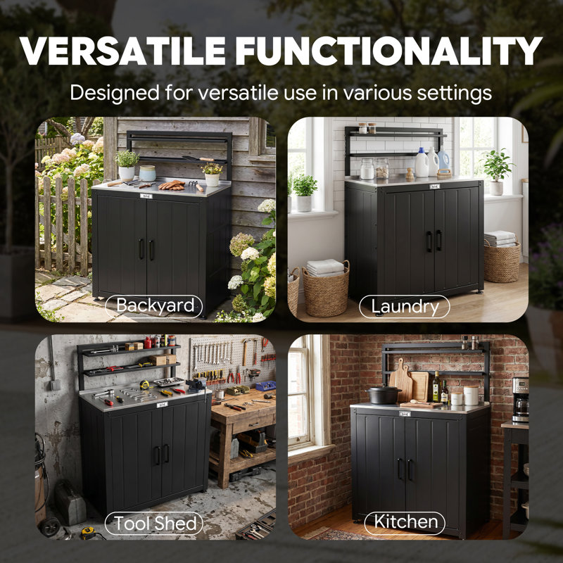 Feasto Steel Potting Bench with Stainless Steel Top and Adjustable Levelling Feet, Multi-purpose Outdoor Storage Cabinet with 2-Tier Shelf for Garden, Patio, Garage