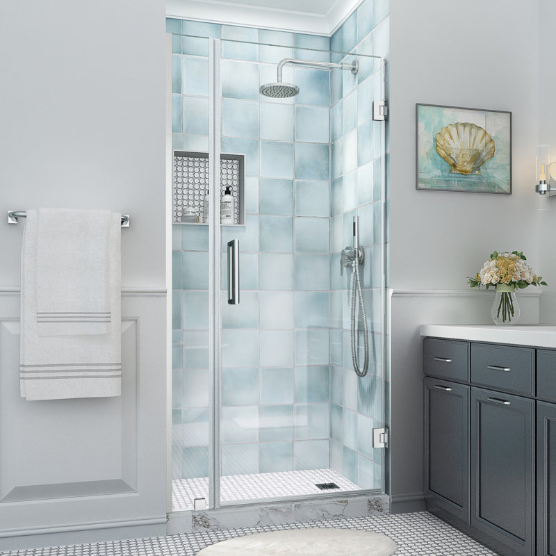 Belmore XL 32.25 - 33.25 in. W x 80 in. H Frameless Hinged Shower Door with StarCast Glass, Chrome, Clear Glass