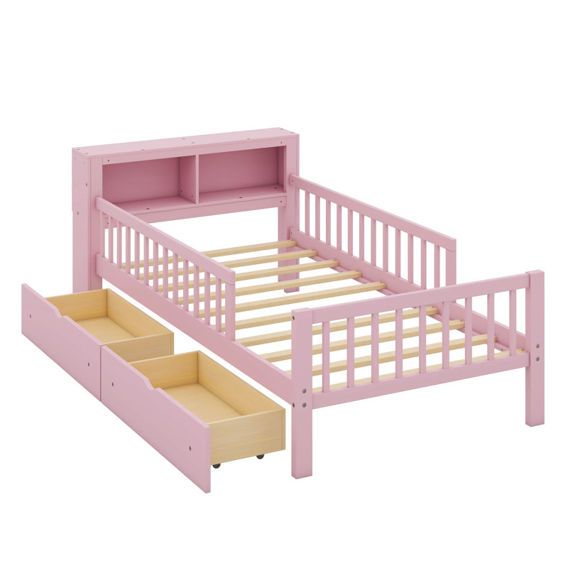 Structure de lit simple en bois avec deux tiroirs de rangement sous le lit et une barrière de sécurité à trois côtés, Rose