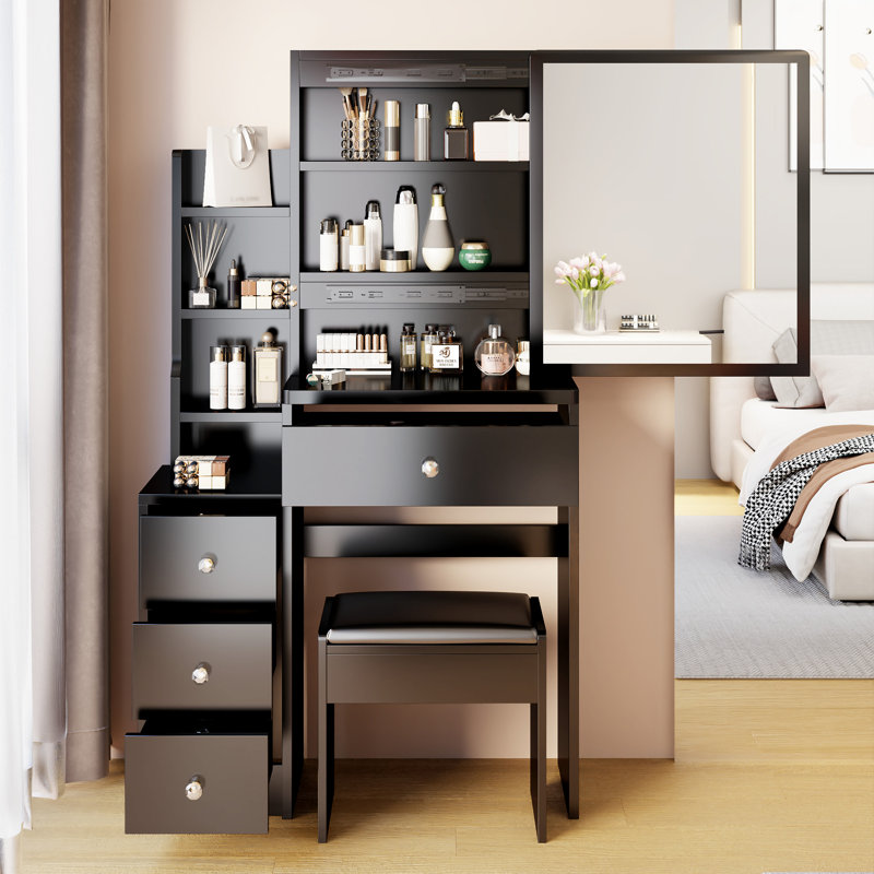 Petit meuble-lavabo 29,2 po avec tabouret de chevet et tabouret rembourré, Noir