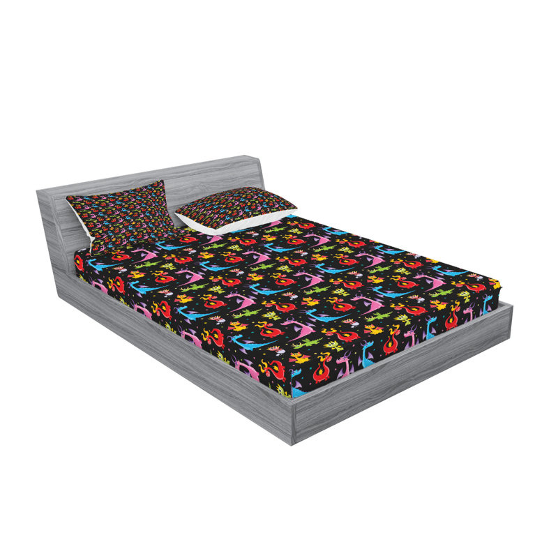 Ambesonne Dragon Fitted Sheet & Pillow Sham  Set,  Multicolor, California King Sheet Set with 4 Pillowcases