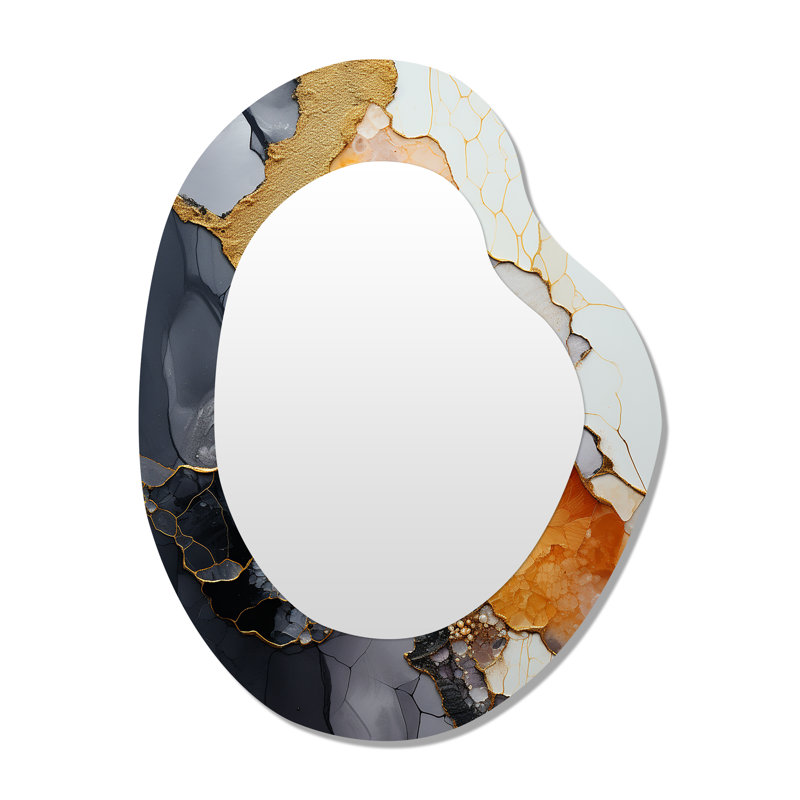 Silver Gold Rock Impression - Marble Irregular Shape Mirror, Grey Asymmetrical Unique Wall Mirror, Printed Metal Art