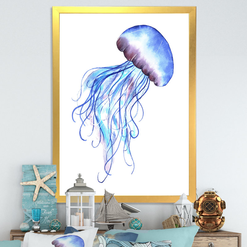Adorable méduse bleue - reproduction sur toile, H 20 po x l 12 po, Cadre doré