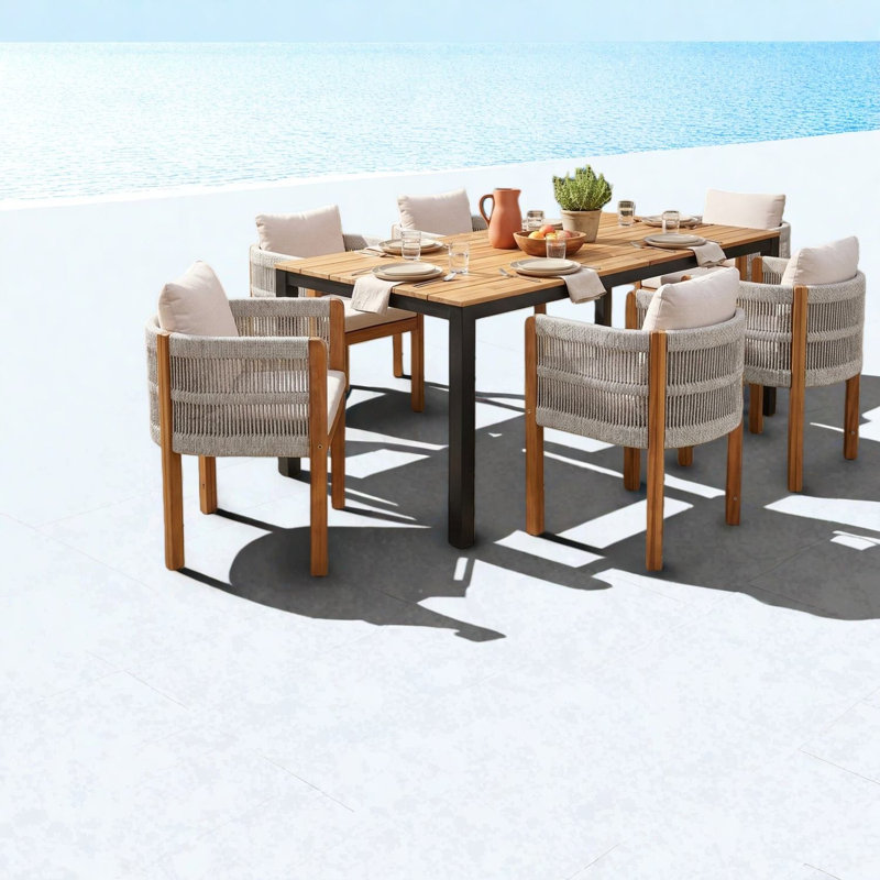 Ensembles de salle à manger de patio moderne, 7 chaises en corde d'acacia pour la cour arrière
