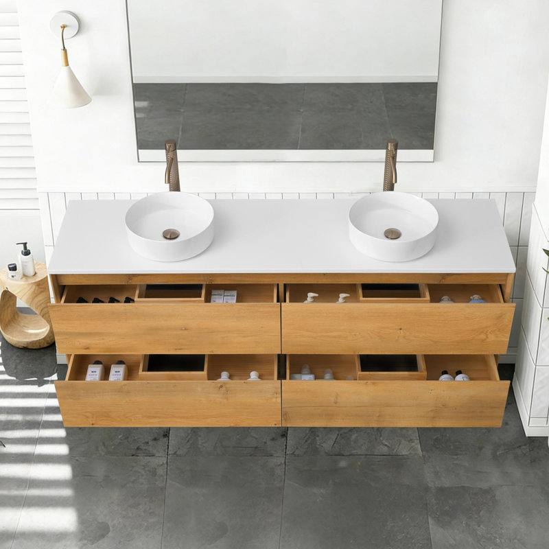 Meuble-lavabo mural moderne avec lavabo vasque rond et 4 tiroirs, Rond, 72