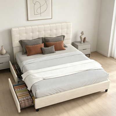 Structure de lit très grand en métal avec tête de lit, lit plateforme moderne avec support à lattes de bois, aucun sommier requis, rangement sous le lit