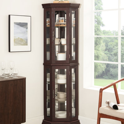 Lighted Curio With 4 Adjustable Shelves, Shatter - Design, Soft Glow, Cherry For Dining Display Cabinet Tipping, 6 Tempered Glass Smooth Access, Mirrored Back, Collectibles