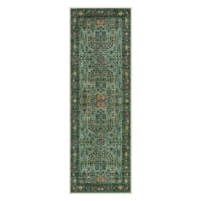  Kaldi Vintage Floral Washable Green 2X6 Runner Rugs for Entryway Kitchen, Non Slip Oriental Low-Pile Rug for Bedroom Dining Room Carpet
