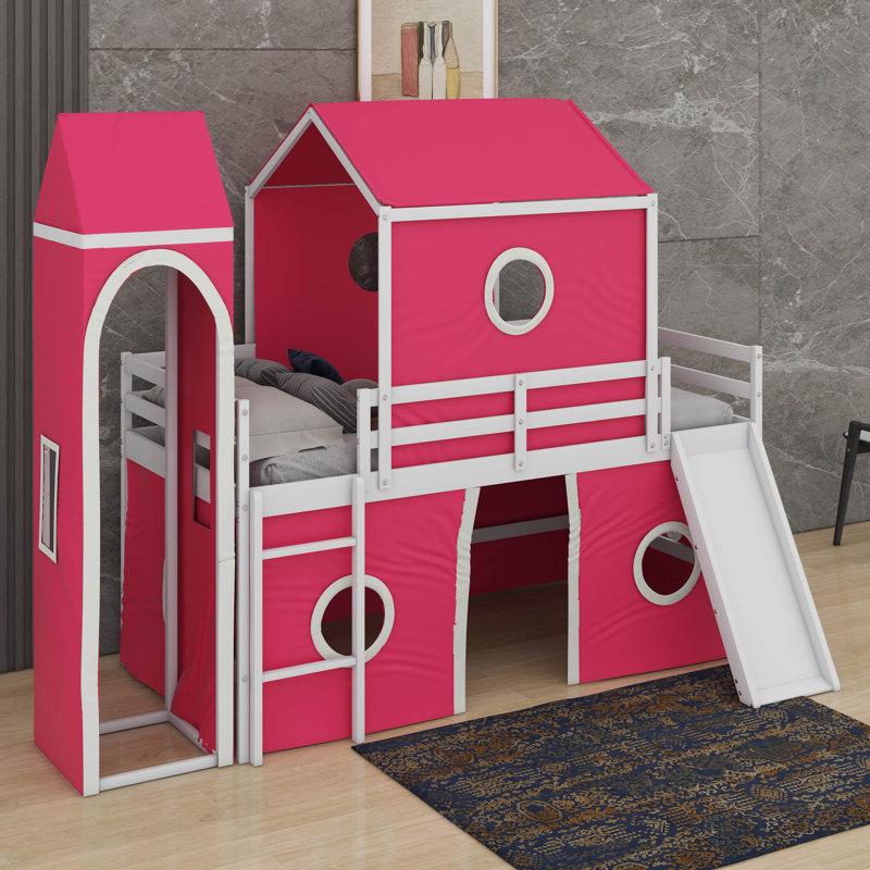 Lit mezzanine simple avec glissade et tour, Rose
