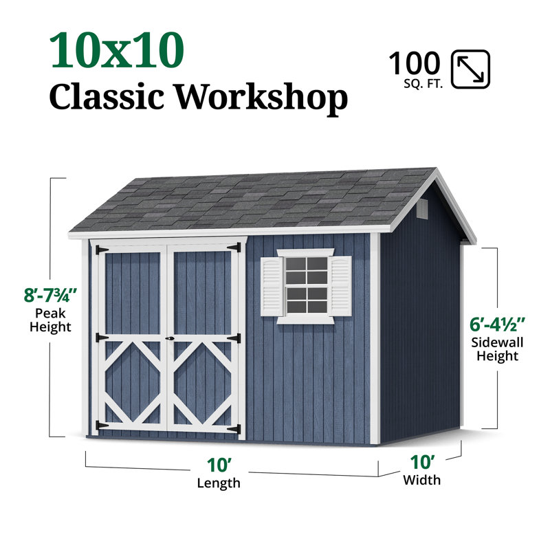 Classic Workshop Outdoor Wood Storage Shed, 10' x 10', Yes