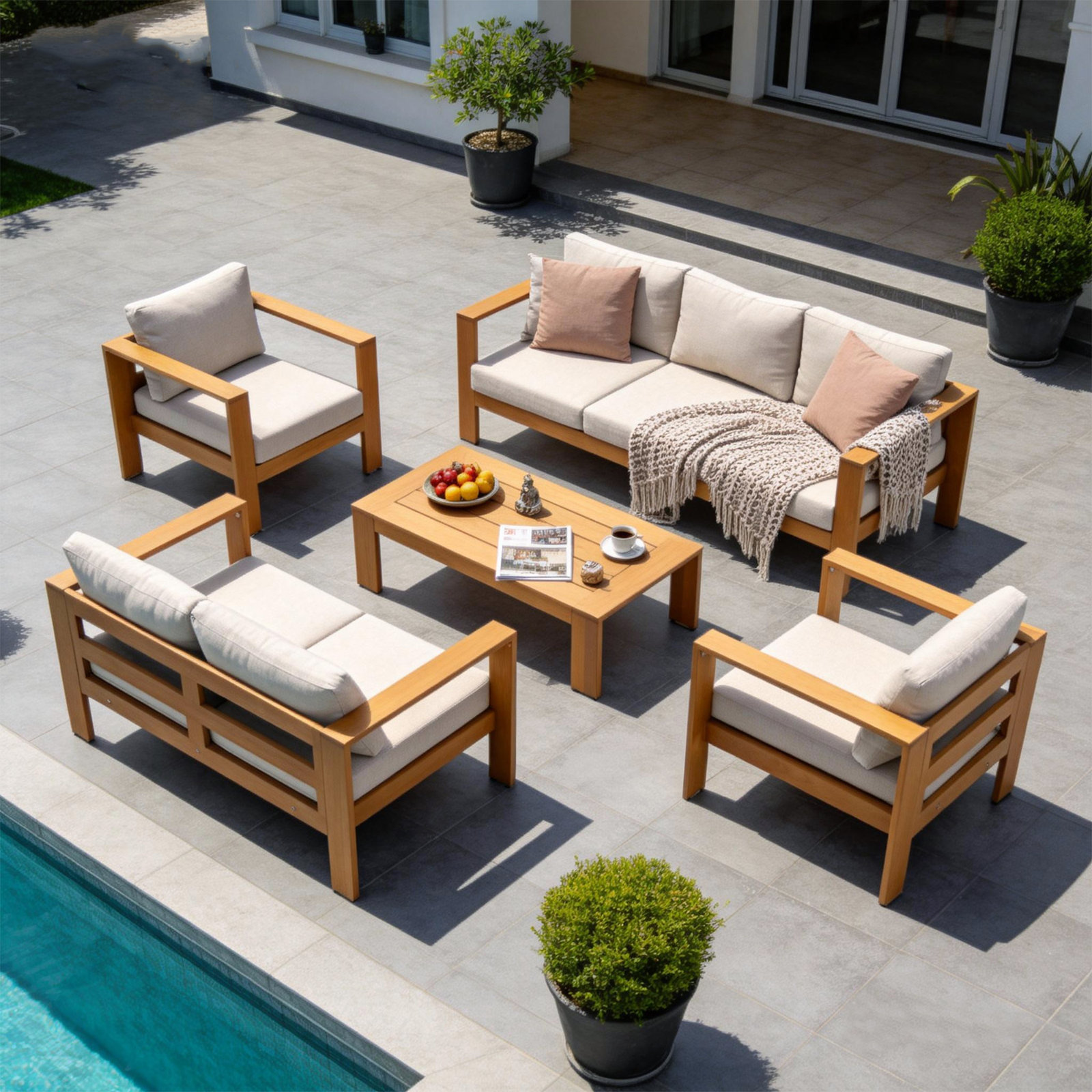 Naylor Eucalyptus Patio Seating Group, 5 Pcs: Table, Sofa, Loveseat, 2 Chairs