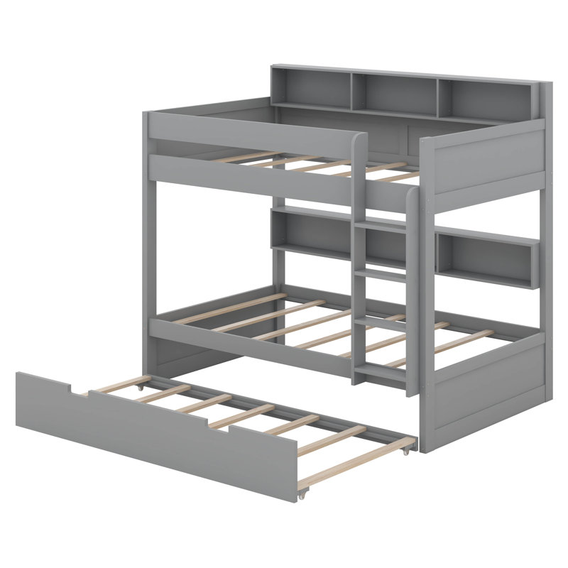 Lit superposé avec rangement et lit gigogne, structure de lit superposé en bois peu encombrante avec tablettes de chevet