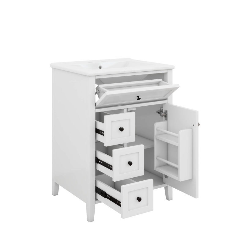 Meuble-lavabo 24 po avec lavabo, meuble-lavabo en bois massif avec tiroirs et tablettes réglables, petit meuble-lavabo, Blanc