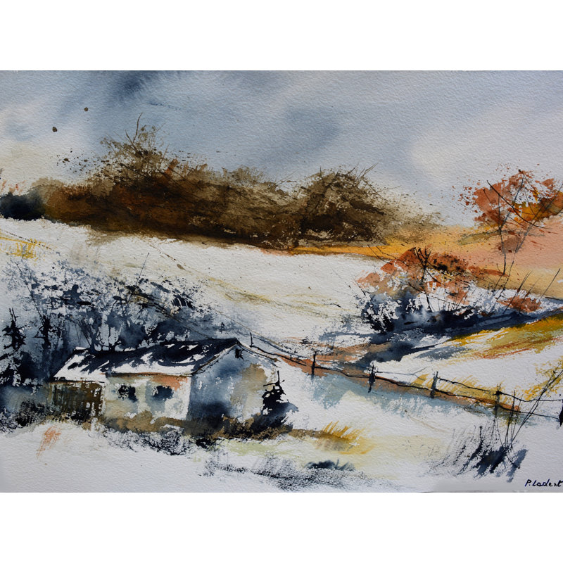 Quelques maisons en hiver par Pol Ledent, H 25 po x l 33 po, Toile encadrée noire