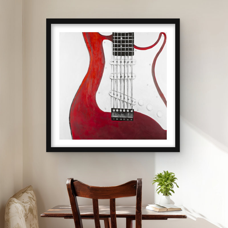 Guitare électrique rouge - reproduction musicale matte encadrée de salon, 24" H x 24" W, Noir