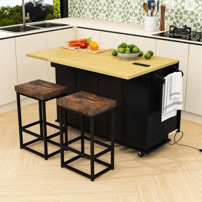 Kitchen Island Set with Drop Leaf, 2 Seating Stools, Storage Drawers and Cabinet by Lark Manor