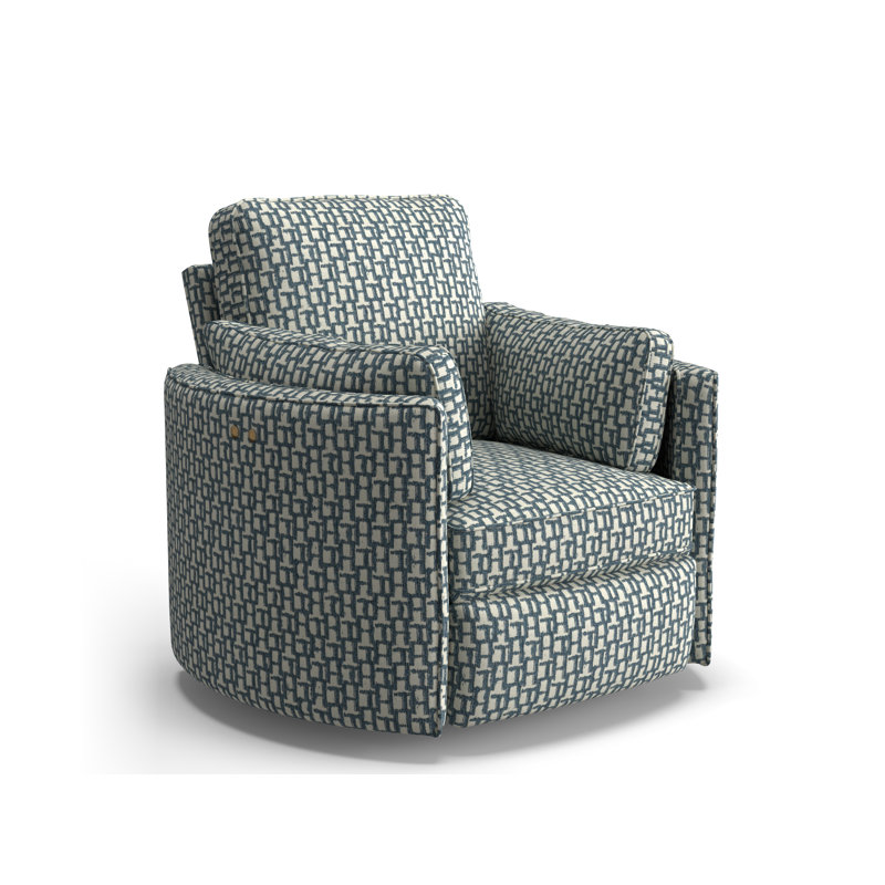 Vedika Push Back Kiln Dried Hardwood Swivel Barrel Recliner, Sinatra Chambray Performance, Power