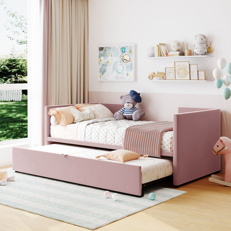 Lit de jour rembourré moderne avec lit gigogne Reylin, Rose