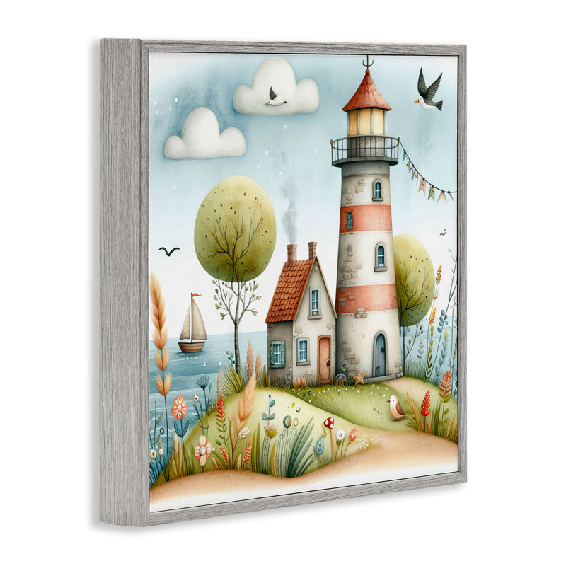 Nautical Lighthouse Whimsy Giclee Art by LSR Design Studio, 12'' H x 12'' W, Farmhouse Gray Framed Giclee