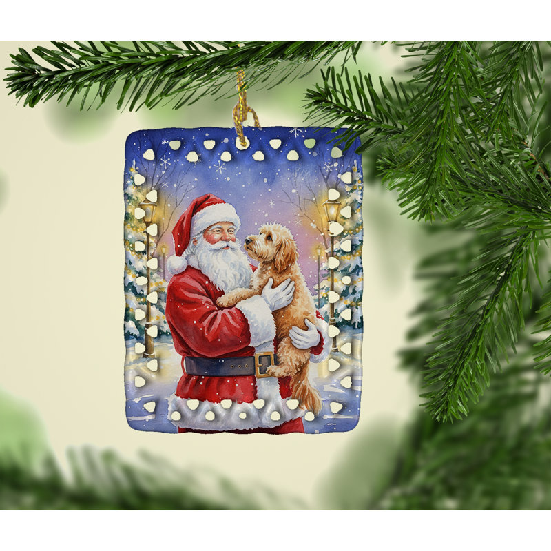 Ornement en porcelaine Goldendoodle avec père Noël, Goldendoodle