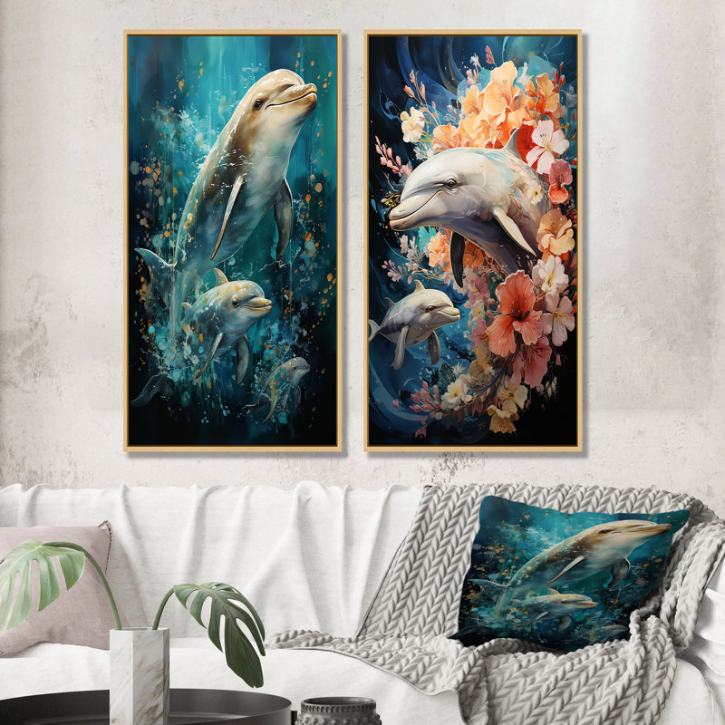 «Dolphin Aquatic Harmony» - ensemble de 2 reproductions d'art mural, Encadrement brun, H 28 po x l 25 po