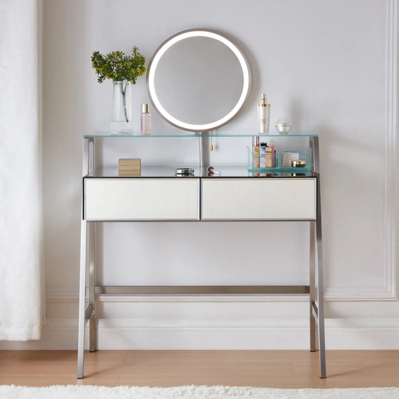 33.9" Mirrored Makeup Vanity Desk With LED Mirror, 2 Big Drawers, Open Shelf, Dressing Table With Charging Station For Bedroom, Silver