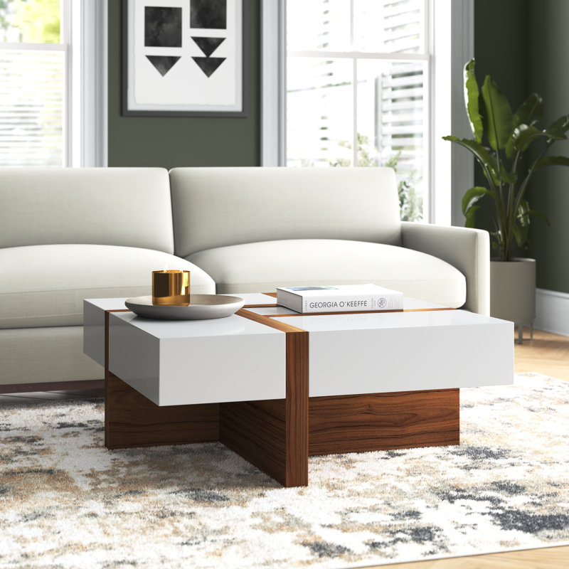 Table basse avec rangement Elka, Blanc/noyer
