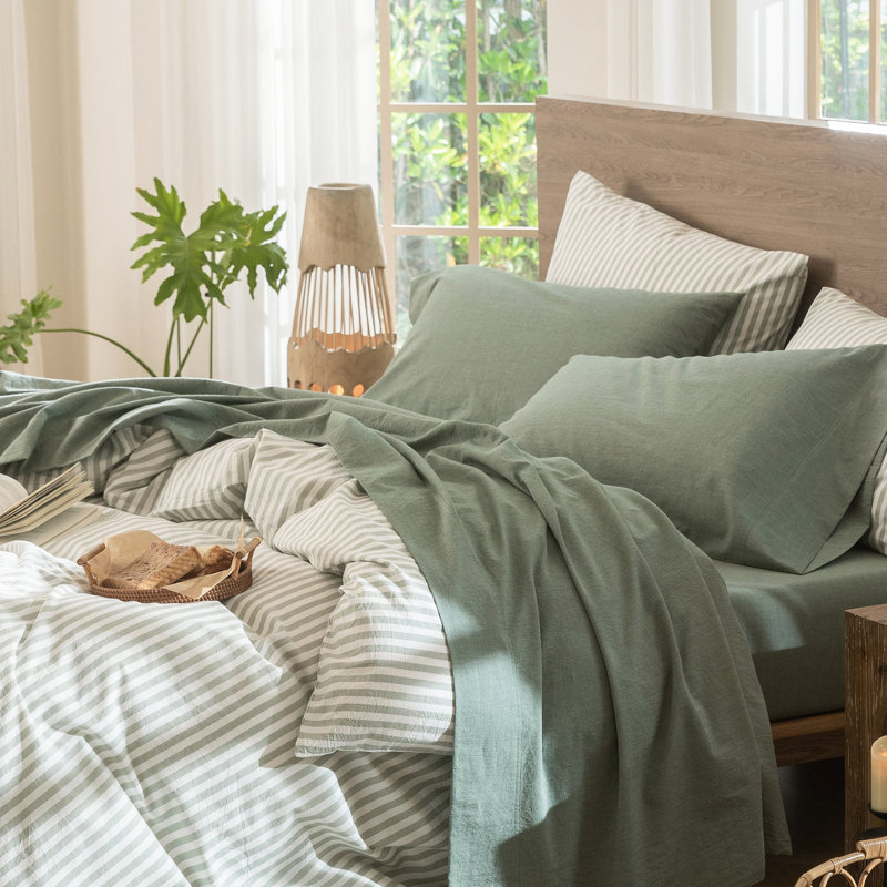 MooMee Sheet Set Extra Deep Pocket 100% Washed Cotton Linen Like Textured Lightweight Breathable, Heathered Green
