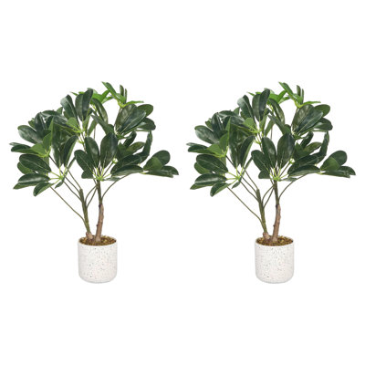 Set of 2 Artificial Fiddle Leaf Fig Plants in White Marble-Look Pots, Faux Potted Greenery for Office, Living Room, Bedroom and Shelf Decor