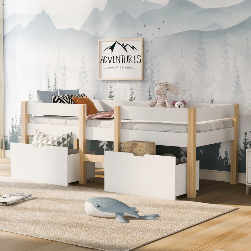 Babin Children's bed with drawer and fall protection, solid pine wood, white and oak, European Single (90 x 200cm)