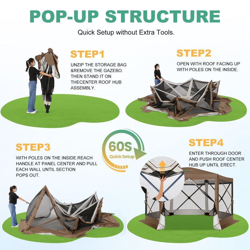12x12 Pop Up Canopy Gazebo, Outdoor Canopy Tent Screen House with 6 sidewalls and Netting for Camping, Waterproof, UV Resistant, Ez Set-up Party Tent with Carrying Bag and Ground Stakes