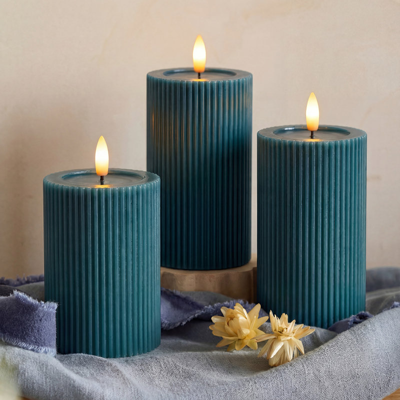 Fluted Ribbed LED Pillar Candles, with Reflective Melted-Wax Effect – Flickering Flame, Remote, Dimmable, Flameless, Battery Operated, Home & Wedding Decor (Set of 3)