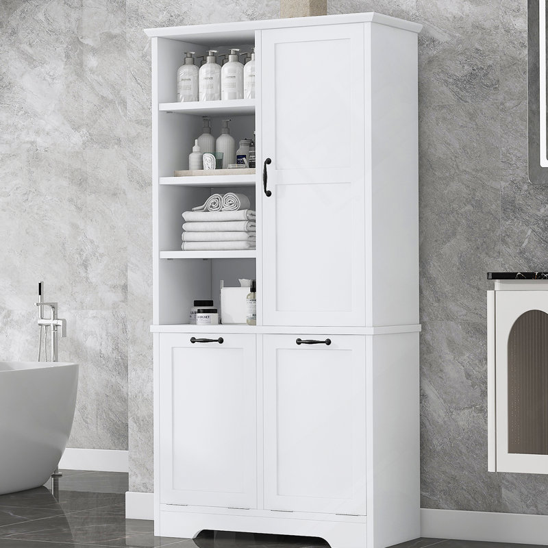 Bathroom Storage Cabinet with Doors and Drawers, Tilt-Out Laundry Hamper, Multiple Storage Space, Freestanding Style, Open Shelve, Adjustable Shelf