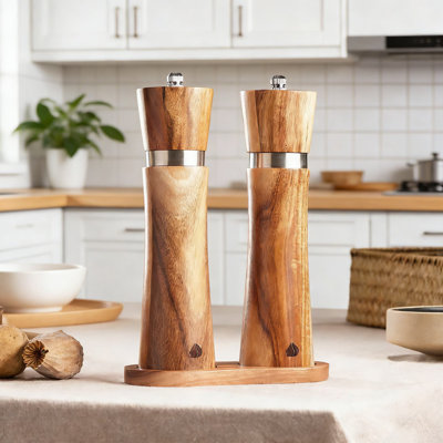 Acacia Wood Salt And Pepper Grinder Set With Tray Holder - Adjustable Ceramic Grinders For Coarse To Fine Seasoning - 8.4 Inch Kitchen Mill Set With S&P Markings
