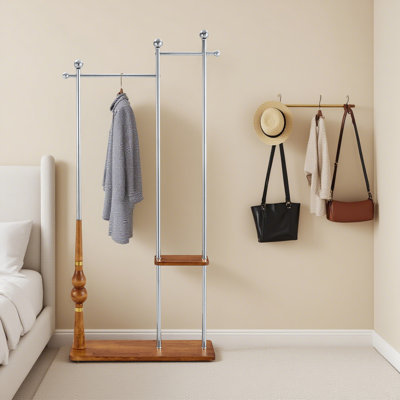 Portemanteau autoportant en bois massif et acier inoxydable avec rangement