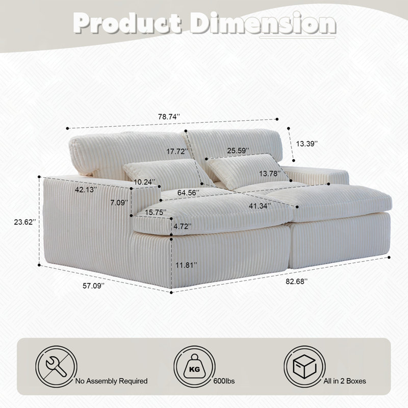 Canapé-lit désossé surdimensionné rembourré, Blanc, H 37,01 po x l 82,68 po x P 57,09 po