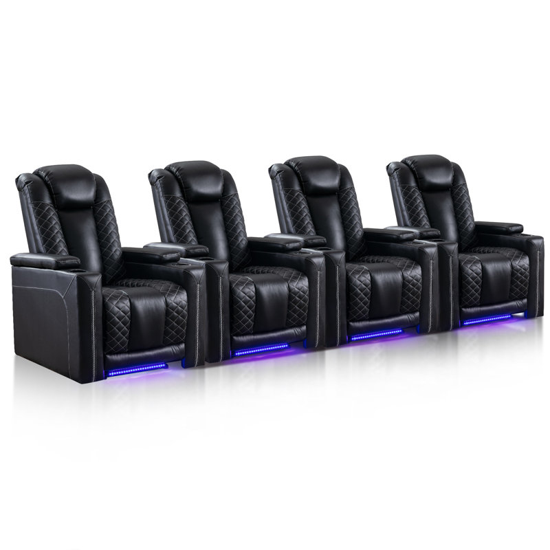 Siège de cinéma inclinable électrique moderne en cuir synthétique de 35,4 po de largeur avec porte-gobelets, Noir