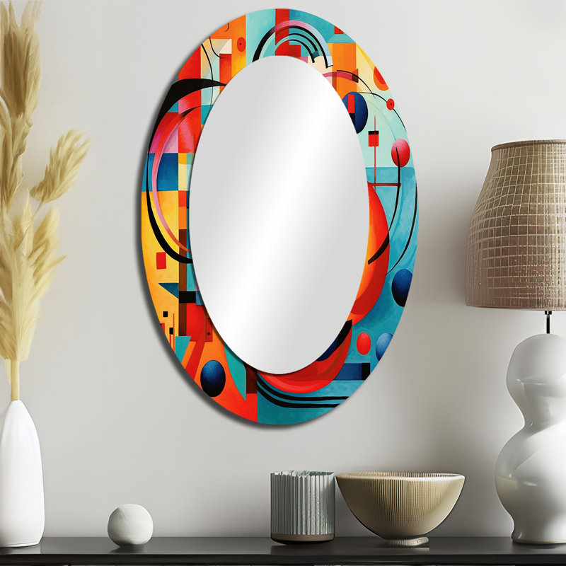 Orange géométrique bleue Unleashed IV - formes abstraites, miroir mural, miroir orange, impression sur métal, 36 po x 24 po