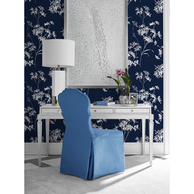 Luxe Haven Floral Mist 9' L x 20.5" W Peel and Stick Wallpaper Roll, Hampton Blue