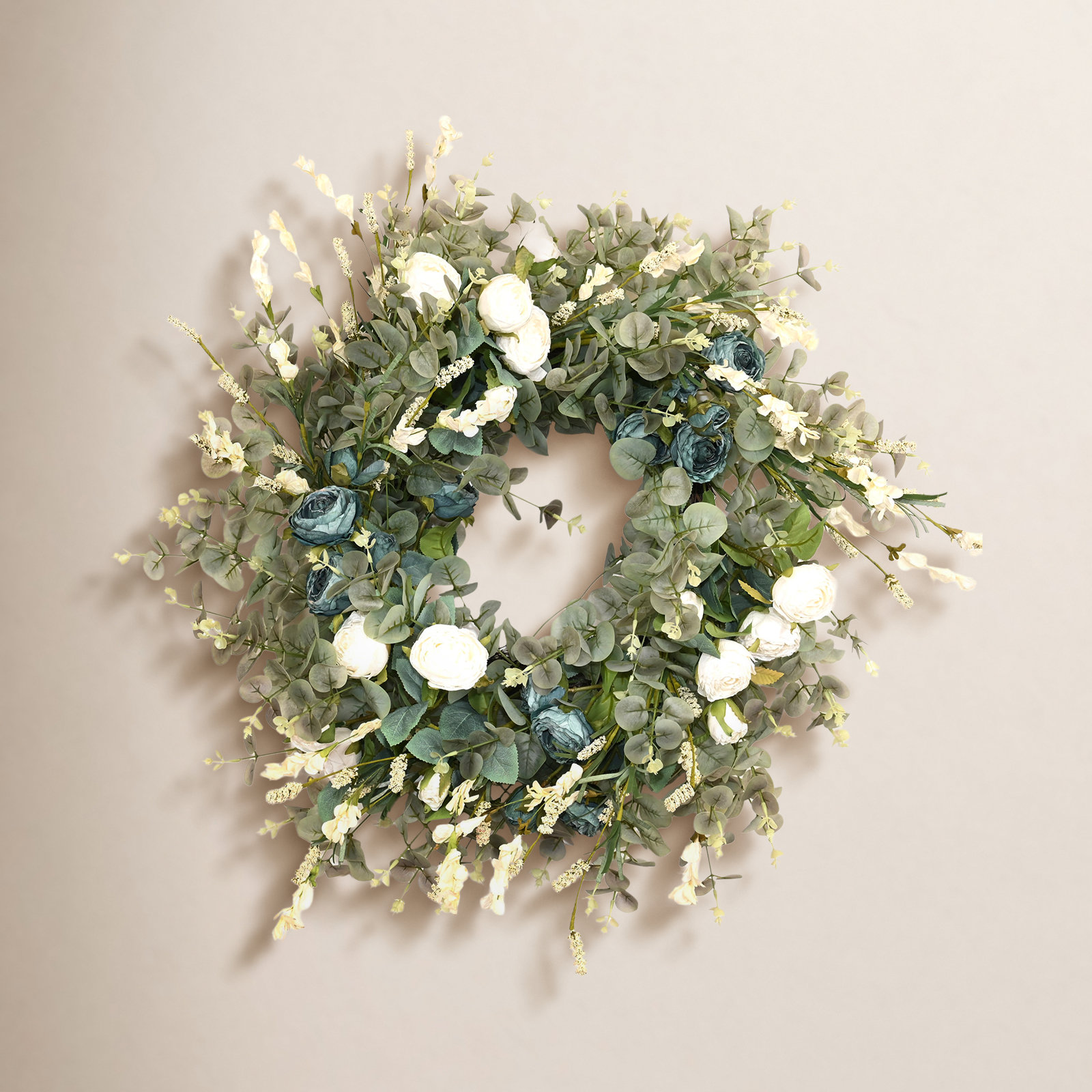 26" Handcrafted Eucalyptus Rose Everyday Wreath, Green/Blue/White
