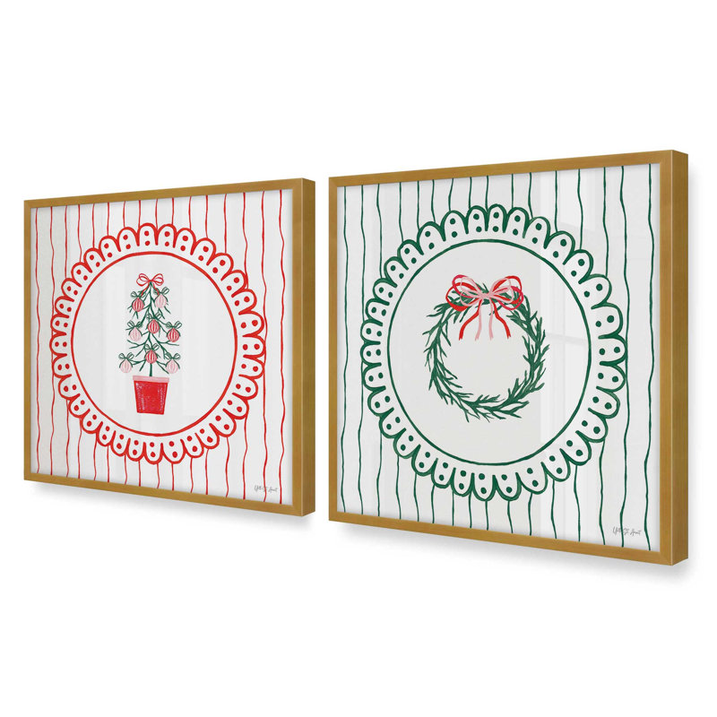 Ensemble de 2 reproductions Ribboned Evergreen, 20 po x 20 po, Or poli