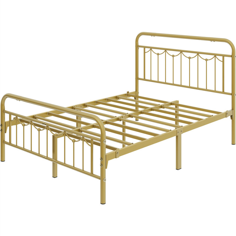 Dravin Metal Platform Bed Frame with Vintage Headboard and Footboard, Antique Gold, Full