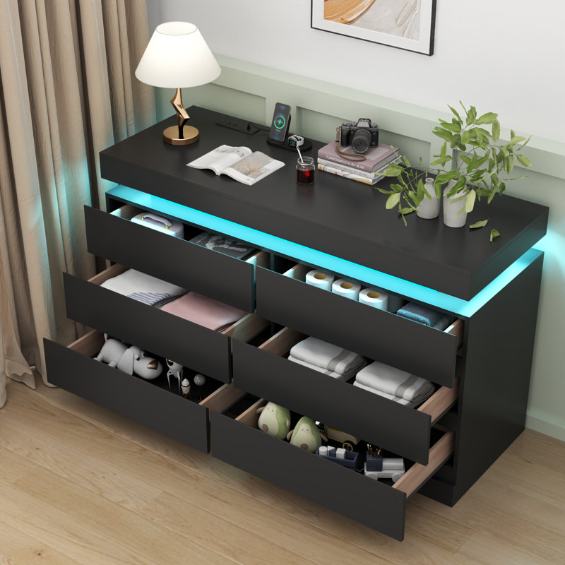 Commode 6 tiroirs avec prise de courant l 27,2 po Shellise, Noir