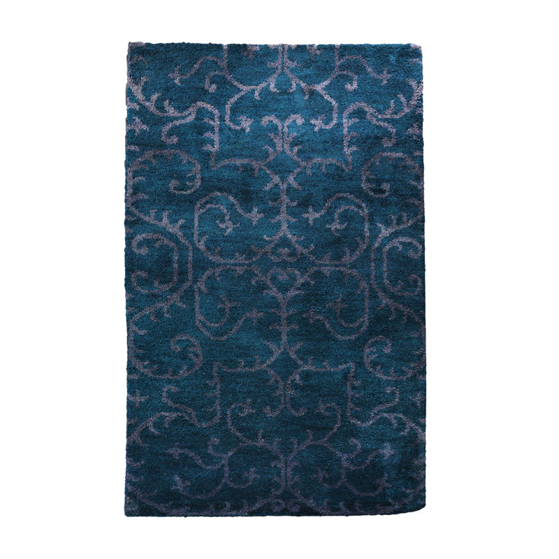 Premium Quality Contemporary Hand Knotted Silk Blue | Beige Rectangle Indoor Area Rugs, Rectangle 5' x 8'
