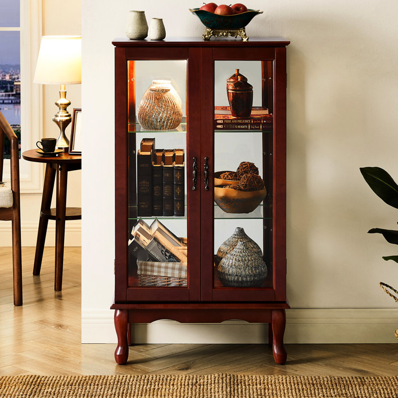 Vitrine en bois de cerisier avec tablettes réglables et miroir de style classique, Cerisier