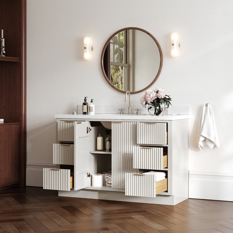Meuble-lavabo simple en bois massif avec plateau en quartz 1,5 po Haun, Rectangulaire, Blanc chaud, 55"