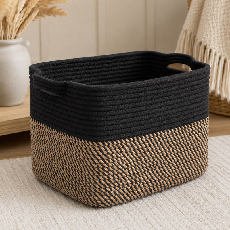 Panier de rangement en corde de coton noir avec poignée 13 po x 10 po